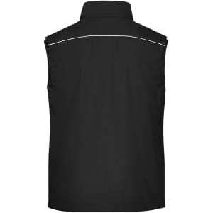 A black softshell light vest featuring a collar and reflective piping, with a logo.