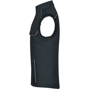 A black softshell light vest with armholes, featuring a pocket and reflective details. It has a branded logo.
