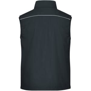 A softshell light vest in black with a reflective strip at the back. It includes a logo on the fabric.