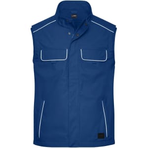 A blue softshell light vest with two front pockets and white piping. Features a collar and a logo.