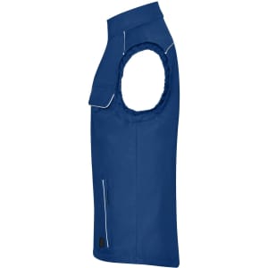 A side view of a blue softshell light vest featuring a logo, with armholes and contrasting trim.