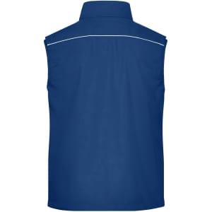 A navy blue softshell light vest with a collar and white piping along the shoulders. It has a logo on the front.