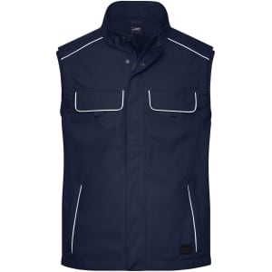 A navy blue work vest with several pockets, featuring white piping and a logo on the hem.