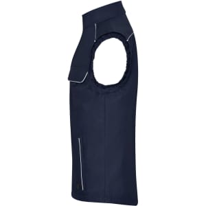 A navy work vest with a sleeveless design, featuring a side pocket and white accents.