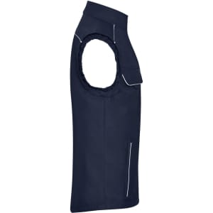 A navy work vest with a sleeveless design, featuring a zippered pocket and white accent piping. It includes a logo.