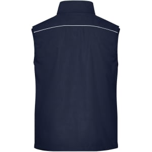A navy blue softshell light vest with a collar and a design featuring a logo.
