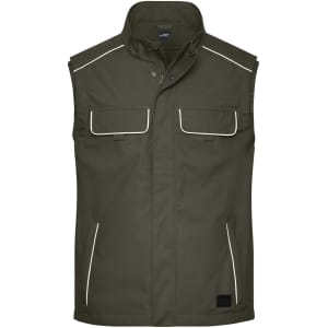 A green softshell light vest featuring two chest pockets, two side pockets, and reflective piping details.