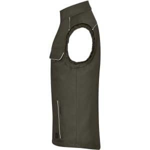 A dark green softshell light vest with a zip pocket and a logo, featuring a sleeveless design.