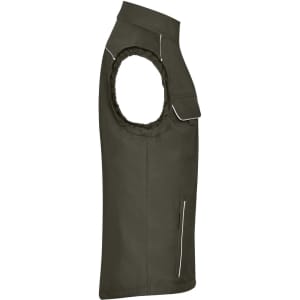 A work vest in dark green with a two-tone design and reflective detailing. It features a logo on the front.