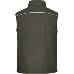 A dark green softshell light vest with a collar and white piping, featuring a logo on the back.