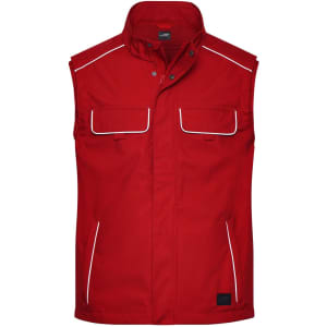 A red softshell light vest featuring two front pockets and white piping details, with a logo on the chest.
