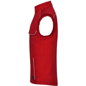 A red softshell light vest featuring a pocket and logo, designed for workwear use.