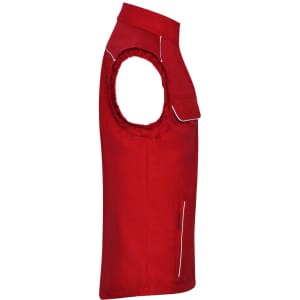 A red softshell light vest with a sleeveless design and a pocket, featuring a logo on the front.