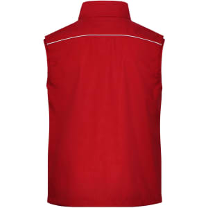A red softshell work vest featuring a minimal design and a collar, with a logo on the back.