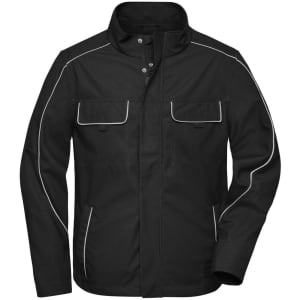 A black softshell light jacket with white piping and multiple pockets, featuring a collar and a logo.
