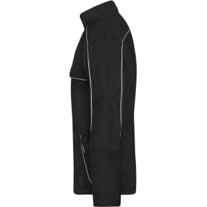 A black softshell light jacket with contrasting trim, featuring a collared neck and multiple pockets.