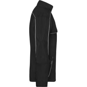 A black softshell light jacket with a side view, featuring a zipped pocket and a logo.