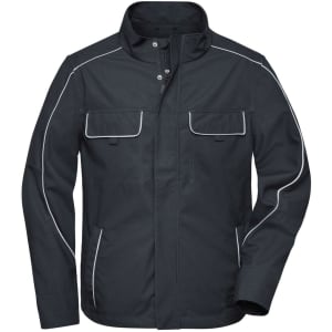 A dark grey softshell light jacket with white piping, featuring multiple pockets and a collar. It has a logo on it.