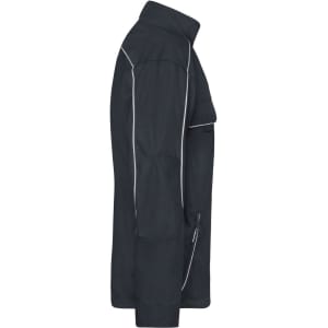 A side view of a navy workwear softshell light jacket with white piping and multiple pockets. It features a logo.