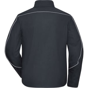 A black softshell light jacket with white piping, featuring a collar and long sleeves, and has a logo.