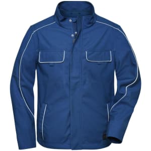 A blue softshell light jacket with a zip front, two chest pockets, and white piping details. It features a logo.