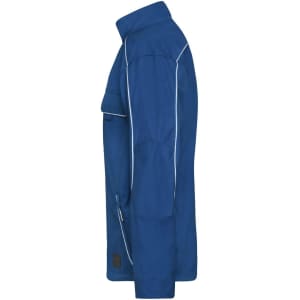 A blue softshell light jacket featuring a zippered front and a side pocket, with a logo on the fabric.
