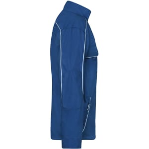 A blue softshell light jacket featuring side pockets and contrasting trim, with a logo on the chest area.