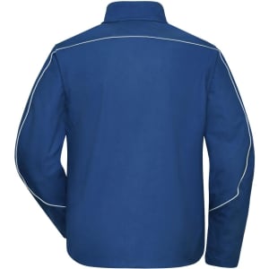 A navy blue workwear softshell light jacket with contrasting piping, featuring a collar and long sleeves.