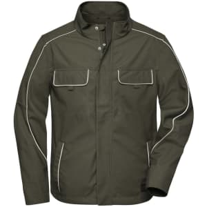 A light jacket in olive green with white piping, featuring multiple pockets and a logo on the chest.