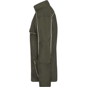A light jacket in olive green with contrasting piping, featuring a zippered pocket and logo branding.