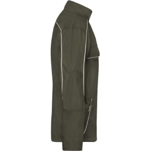 A workwear softshell light jacket in olive green with contrasting white piping and a side pocket. It has a logo on the front.
