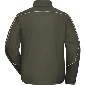 A lightweight softshell jacket in olive green with white piping and a branding logo on the back.