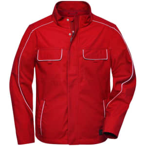 A red softshell light jacket with white piping and multiple pockets. It features a collar and a logo.