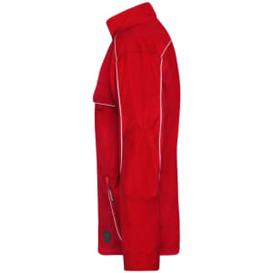A red softshell light jacket featuring a side view, with contrasting piping and a branding logo.