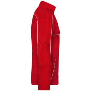 A red softshell light jacket with a side view, featuring white piping and a logo.
