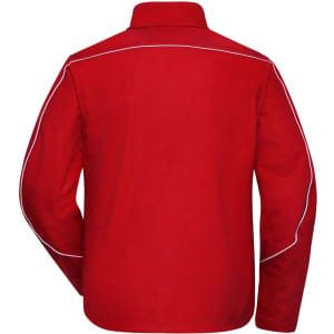 A red softshell light jacket featuring a simple design with white piping along the seams and a collar.