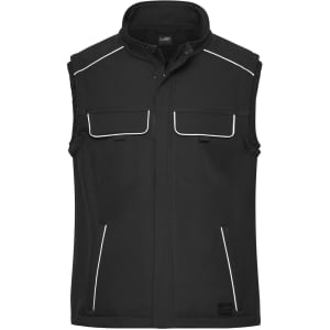 A black softshell vest featuring contrasting white piping and multiple pockets, with a logo on the front.