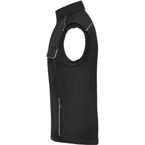 A black softshell vest with a high collar, featuring a side pocket and contrast stitching, includes a logo.
