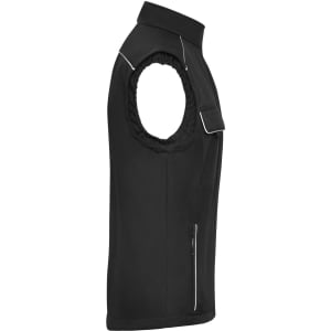 A black softshell vest with a smooth exterior and a zippered pocket, featuring contrasting seams and a logo.