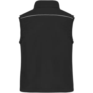 A black softshell vest with a collar and a reflective stripe at the back. It features a logo.
