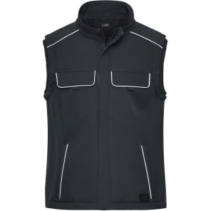 A black softshell vest features front pockets and white piping details, designed for workwear use.