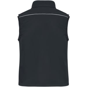 A black softshell vest featuring a collar and reflective detail on the back, with no sleeves.