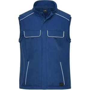 A blue softshell vest featuring two front pockets, contrasting piping, and a logo.