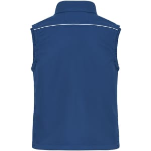 A blue softshell vest featuring a collar and white trim, with a logo on the back.