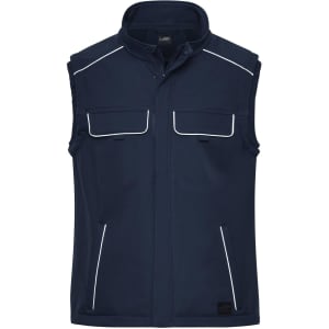 A navy softshell vest featuring two chest pockets, side pockets, and contrasting white piping. It has a logo on the front.