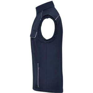 A navy softshell vest with a zippered pocket, featuring a logo on the front.