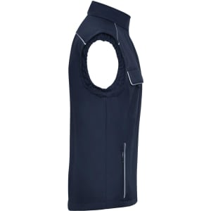 A navy workwear softshell vest featuring a zip pocket and a logo, designed for durability and comfort.