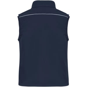 A navy blue softshell vest featuring a collar and a logo. The back includes a white accent detail.