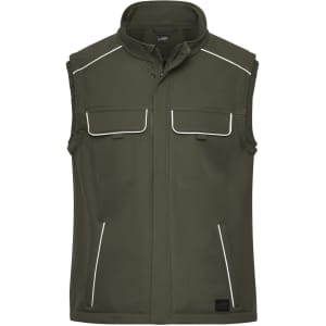 An olive green softshell vest with white piping, featuring two chest pockets and two side pockets.