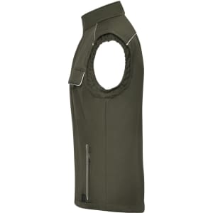 A dark green workwear softshell vest with a zippered pocket and a logo feature.